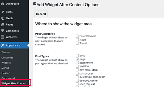 Widget after content settings