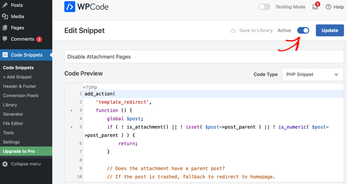 Clicking the toggle to activate a code snippet in WPCode before hitting update