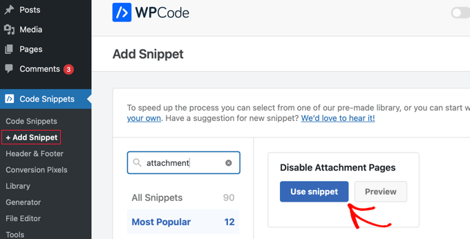 Using WPCode search to remove attachment pages