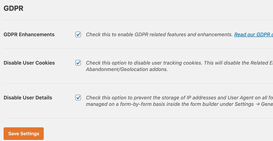 Impostazioni GDPR di WPForms