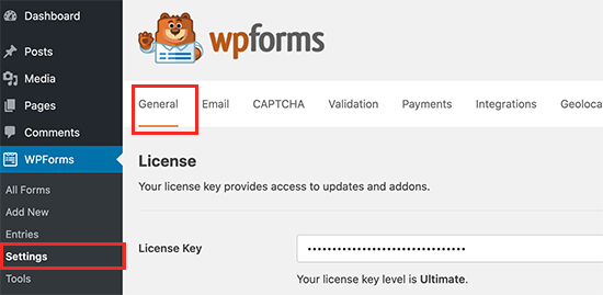 Configurações do WPForms