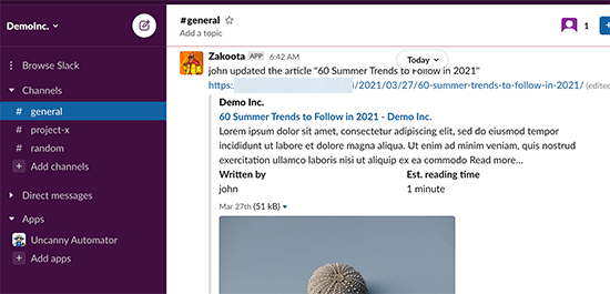 Una notifica di WordPress visualizzata in un canale Slack