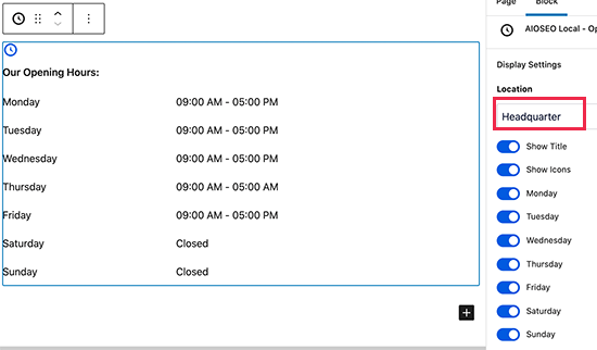 Adding business hours to a post or page in WordPress