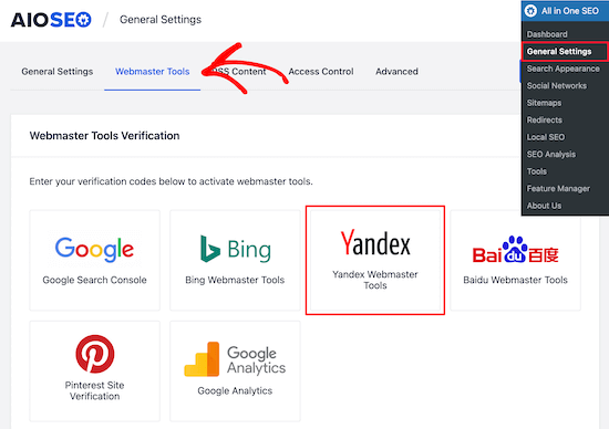 AIOSEO Yandex 站长工具