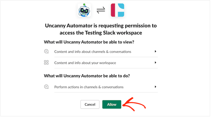 授予 Uncanny Automator 访问 Slack 的权限