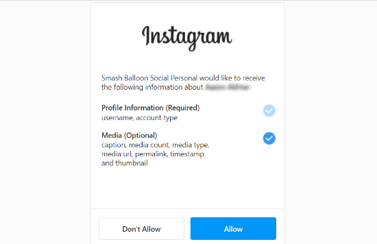 Permitir que Smash Balloon acesse a conta do Instagram
