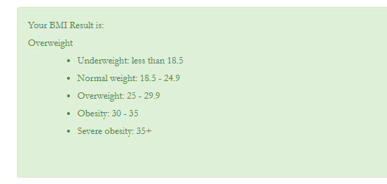 The default BMI calculator result