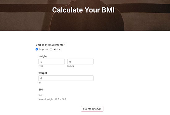 Preview of a BMI calculator form on a website