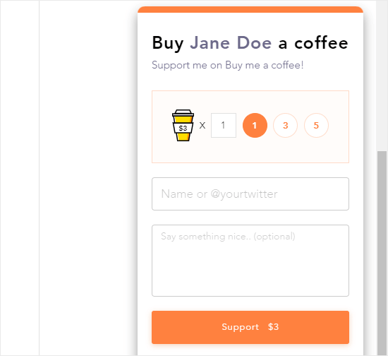 El widget Cómprame un café en acción en un sitio web