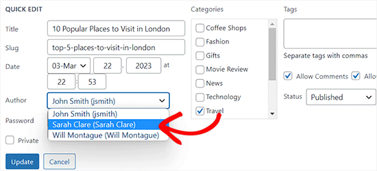 Change the author using quick edit