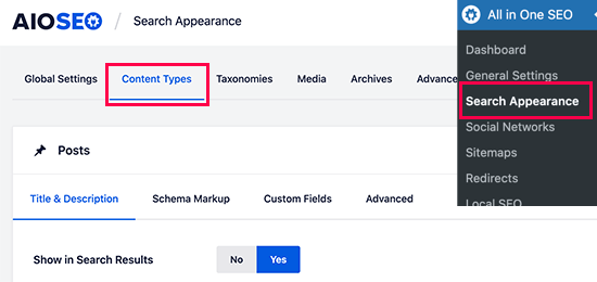 Setting post types in All in One SEO