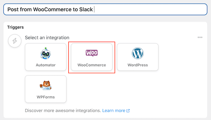 选择 WooCommerce 作为 Slack 自动化配方的触发器