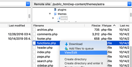 Edit functions.php file