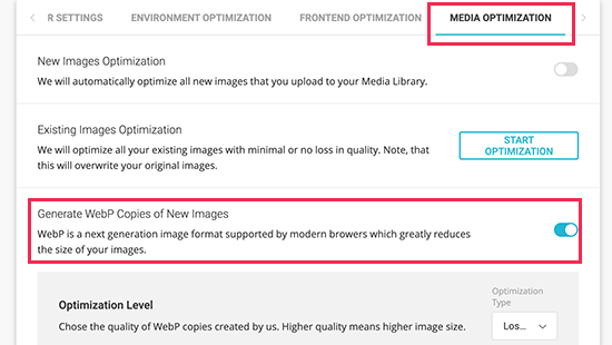 Abilita le immagini WebP in SG Optimizer