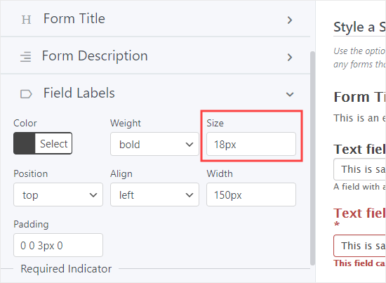 Changing the size of the field labels