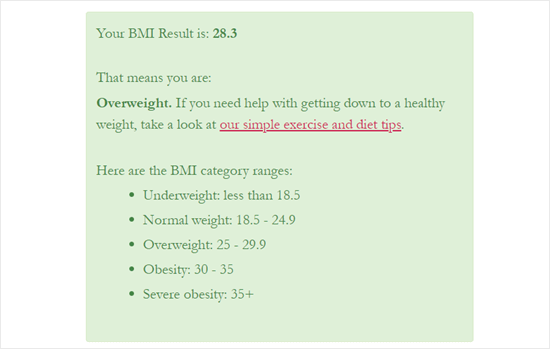 A customized results message in Formidable Forms