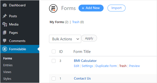 Editing the BMI calculator form that you created