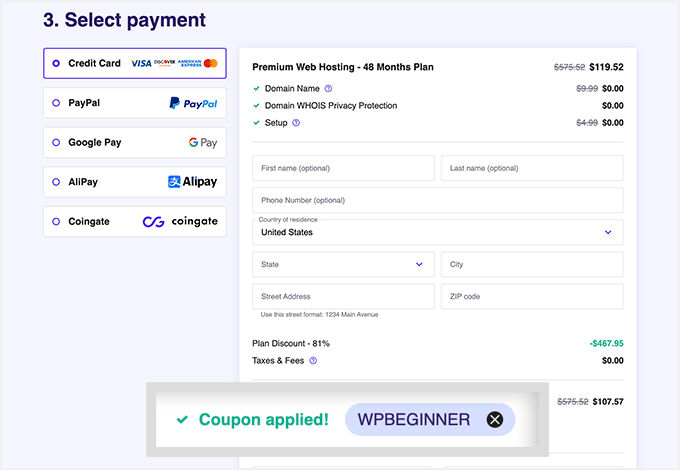 Hostinger choose a payment method and add details to purchase