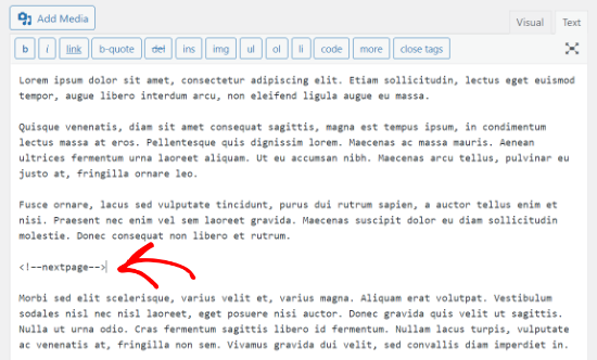 Inserisci il tag della pagina successiva nell'editor classico