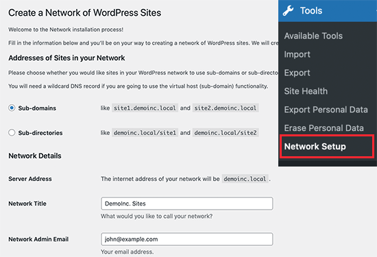 Network setup for WordPress multisite