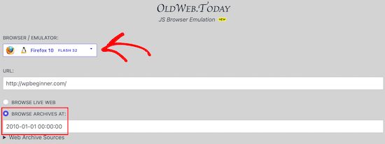 Oldweb.today inserisci l'URL del sito web