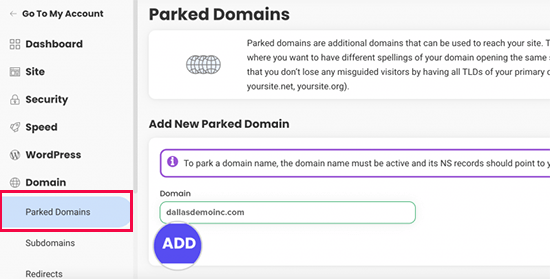 SiteGround parked domains