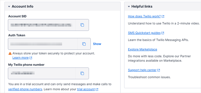 Twilio account info section