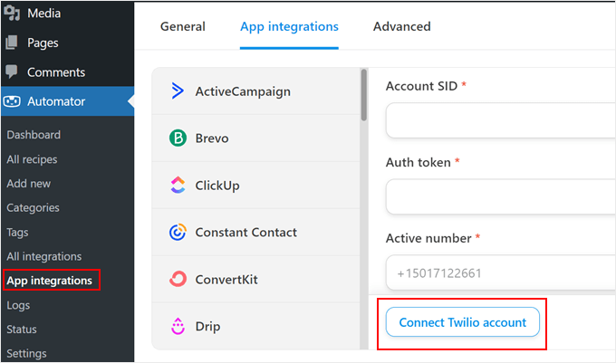 Connecting Twilio to Uncanny Automator