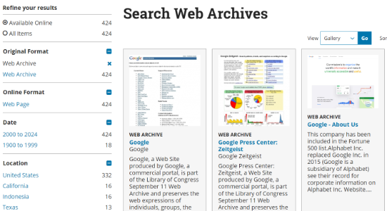 View web archive results