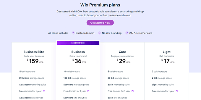 Wix pricing plan