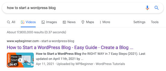 WordPress 视频 SEO 搜索结果页面