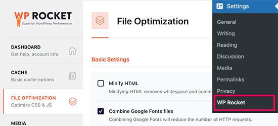 Ottimizzazione dei file in WP Rocket