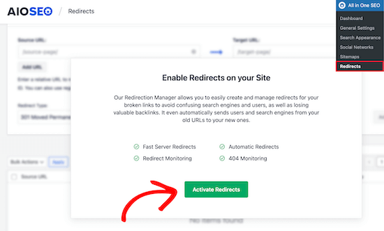 Activate AIOSEO redirects 