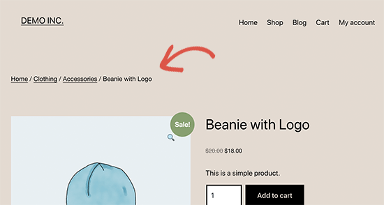 Breadcrumb su una pagina del prodotto del negozio WooCommerce
