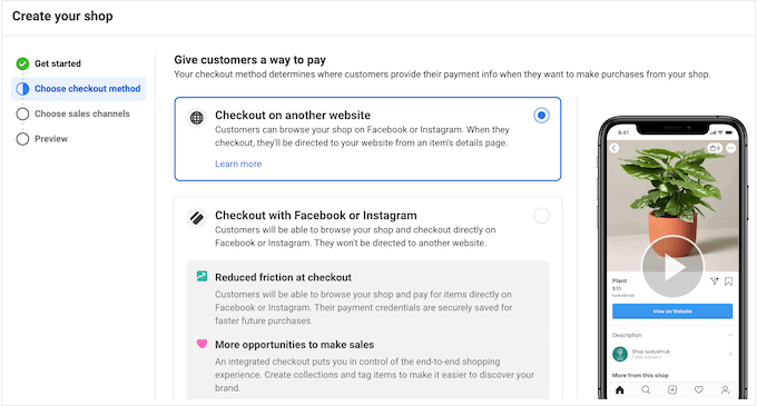 Facebook's 'checkout on another website' setting