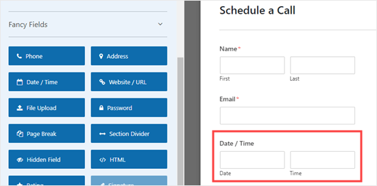 The Date/Time field added to the form