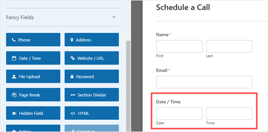 The Date/Time field added to the form The Date/Time field added to the form