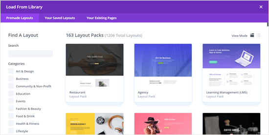 Just a few of the layout packs available in Divi