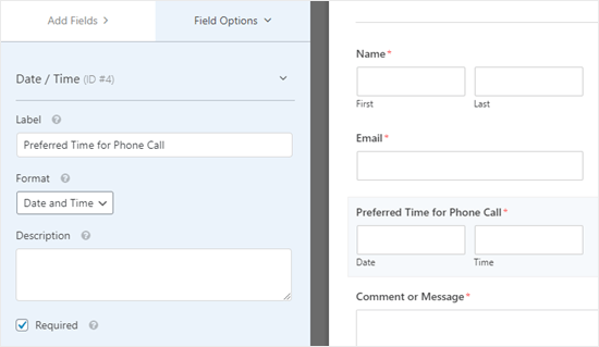 Editing the date/time field to change the options