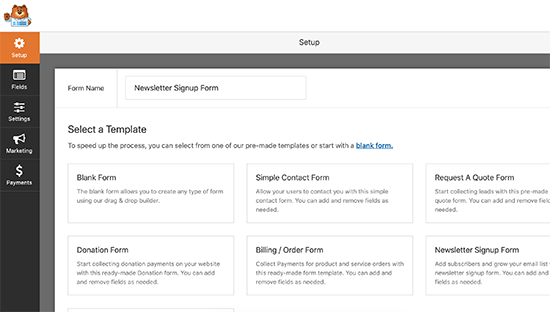 Provide a form name and choose template