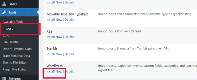 Install WordPress importer on the new single site
