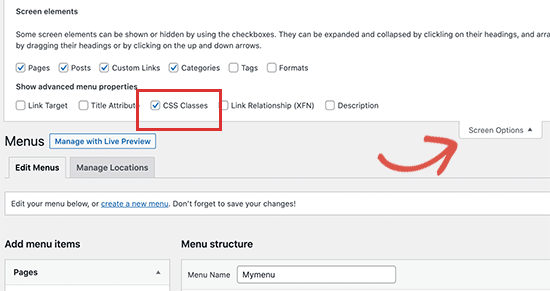 Screenoptions Cssclasses