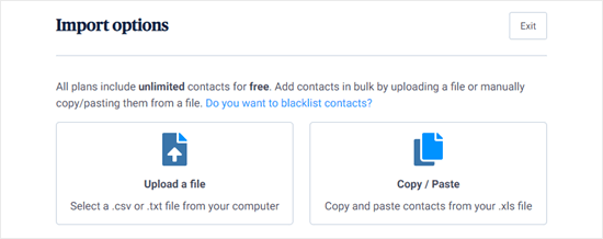 Sendinblue's import options for your contacts list
