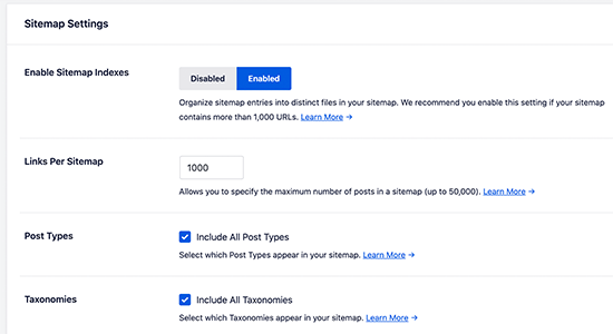 Sitemap settings