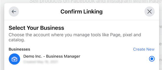 Confirm linking to Facebook Business account