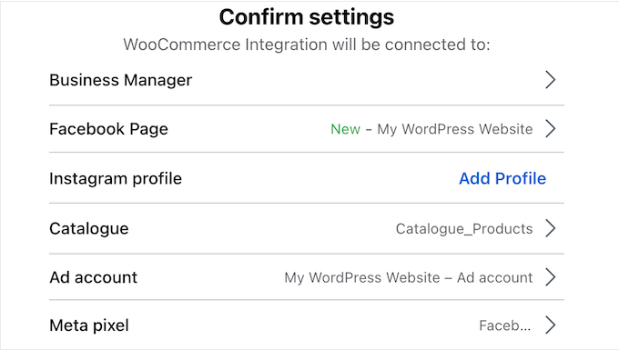 The default WooCommerce Facebook settings