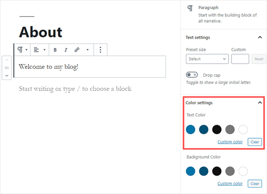 Picking a text color for the whole block in WordPress