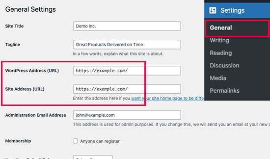 WordPress URL settings