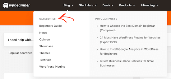 A list of post categories on the WPBeginner website
