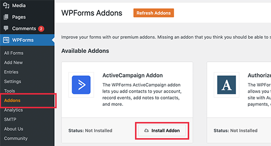 WPForms ActiveCampaign addon